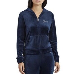 Juicy Couture Women's Large Navy Long Sleeve Velour Zip Y2K Hood Jacket NWOT